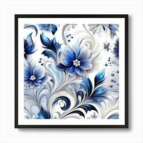 Blue And White Floral Wallpaper Art Print