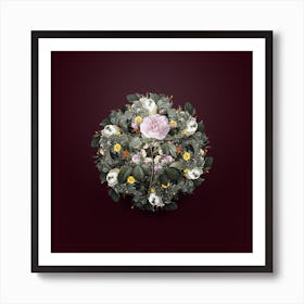 Vintage Rosa Alba Flower Wreath on Wine Red n.2309 Art Print