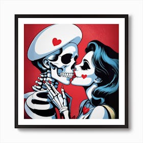 Funny Retro skeleton Kiss Woman Valentine comic poster Art Print