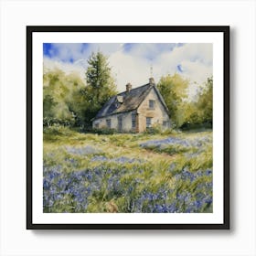 Bluebells Farmhouse - Watercolor Sunny May Gardens in England - Beautiful Tranquil HD Gallery Fine Wall Art - Greenery Landscape Purple Blue Green Scenery Art Print