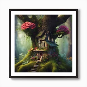 Miniature House in the Tree Emerging from a Blanket of Woodland Moss Art Print