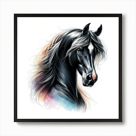 Black Arabian Horse Head Portrait Drawing With Color Accents Art Print