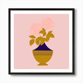 Pink Roses In A Golden Vase 2 Art Print