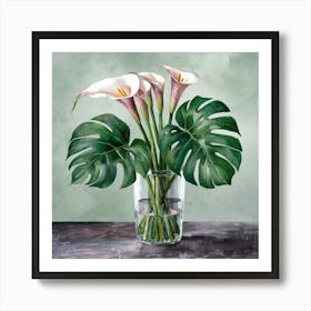 watercolor calla lilies and monstera, painting Art Print