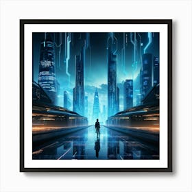 Ai Encapsulates A Futuristic Cityscape Algorithms Visualized As Glowing Streams Flowing Into Encryp (7) Art Print