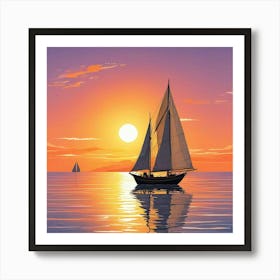 A Serene Illustration Of Sunset Sail Boat Art Print (1) Art Print