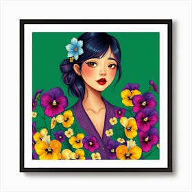 Asian Girl With Pansies Art Print