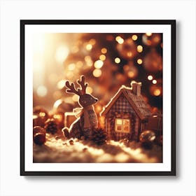 Christmas House With Reindeer Art Print