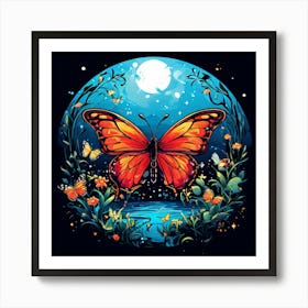 Butterfly In The Moonlight, A Butterfly Garden With Various Species art print Art Print