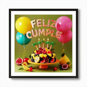 Feliz cumple and Feliz cumpleaños sign means Happy Birthday in Spanish language, Birthday party celebration gift with birthday cake candle colorful balloons best congratulation over light background wall artFeliz Cumple 59 Art Print