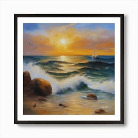 Oil painting design on canvas. Sandy beach rocks. Waves. Sailboat. Seagulls. The sun before sunset.6 Art Print