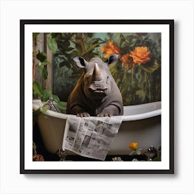 Rhino In The Bath Reading A Newspaper Art Print