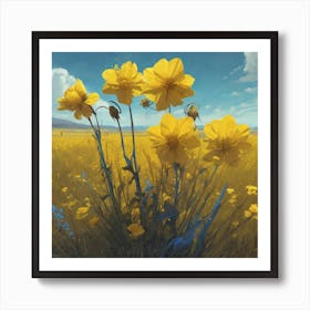 Yellow Flowers In Field With Blue Sky Professional Ominous Concept Art By Artgerm And Greg Rutkows (7) Art Print