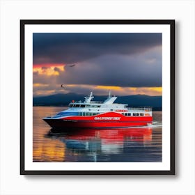 Red Ferry At Sunset Art Print