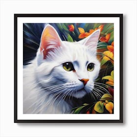 White Cat With Flowers Art Print