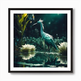 Rainforest Lily Pond with Teal Blue Wading Bird Art Print