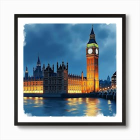 Watercolor Depiction Of The Houses Of Parliament Illuminated At Night, With Big Ben Standing Tall Art Print