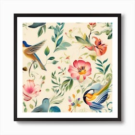 Abstract Magnificent Birds With Flowers -Color Illustration On White Background Art Print