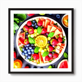 Assorted fruit platter with ripe, juicy strawberries, sweet grapes, tangy citrus, and juicy watermelon, set on a bed of greens and accented with mint leaves, high resolution, vibrant, natural Art Print