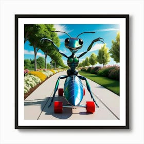 A Giant, Iridescent Blue And Green Ant, With Six Long, Muscular Legs On A Skateboard 3 Art Print