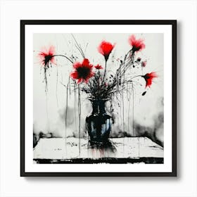 Red Poppies In A Vase Stephen Gammell style, dessin, aquarelle, aquarelles, noir et blanc et rouge , de marais, de sombres créatures, dégoulinant, pink and blue flowers in a vase placed on a table Art Print