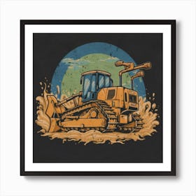 Yellow bulldozer surrounded by fiery flames 8 Art Print