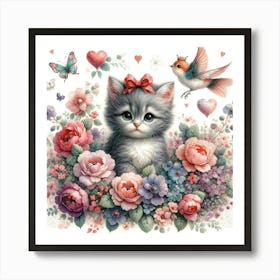 Kitten In Flowers Art Print