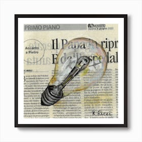 Light Bulb On Newspaper Minimal Pop Art Household Objects Electricity For Kitchen Decor Art Print