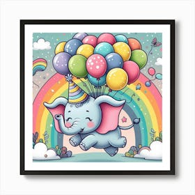 Cartoon Elephant With Balloons Art Print