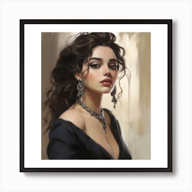 stunning woman with dark, luscious hair, dressed in a sleek black gown, adorned with intricate silver jewelry. She exudes confidence and poise, her piercing gaze capturing the attention of the viewer. Art Print