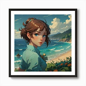 Anime Girl Standing By The Ocean Art Print