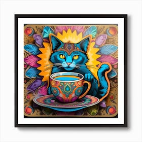 Cat With Cup Of Tea Whimsical Psychedelic Bohemian Enlightenment Print 2 Art Print