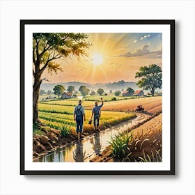 Water Colored Painting Of Landscape Farming Farmer Sun Rising 2d Art Water Color Spray 32k Resolutio 209201876 Affiche