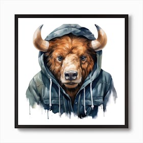 Watercolour Cartoon Buffalo In A Hoodie Art Print