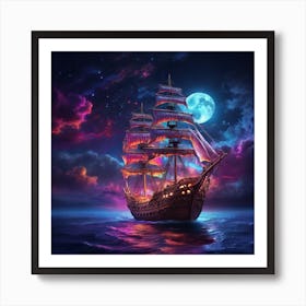 Ship In The Sea At Night 1 Art Print