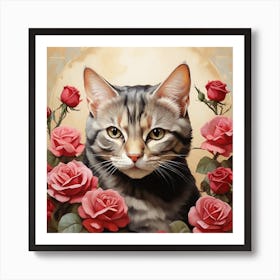 Domestic Shorthair With Roses Art Print