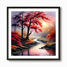 Autumn Trees By The River Art Print