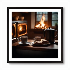 Two Cups Of Coffee In Front Of A Fireplace Art Print