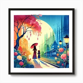 Asian Girl With Umbrella Art Print