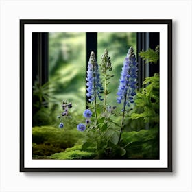 Botanicale Views Lush Olive Green Pale Blue Wild Flowers Art Print