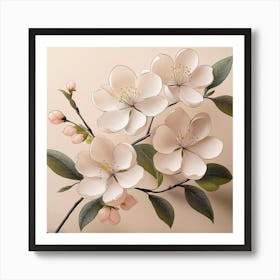 Firefly Soft Cherry Blossoms With Minimal Black Outlines On A Beige Background, With Subtle Leaves I (3) 1 Art Print