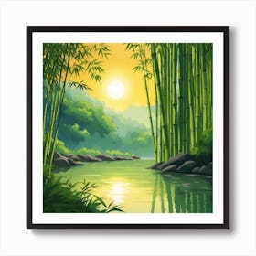 A Stream In A Bamboo Forest At Sun Rise Square Composition 100 Art Print