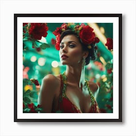 An Artwork Depicting A Women, Big Tits, In The Style Of Glamorous Hollywood Portraits, Green Red, Ye (1) Art Print