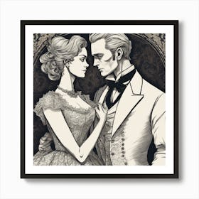 Victorian Couple Monochrome Cubism Style Art Print