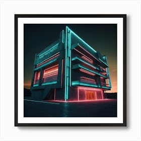 Abstract Building with neon light Art Print