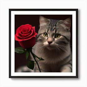 Cat With Rose 1 Art Print