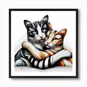 Cats Hug - Abstract Line Art Illustration 18 Art Print