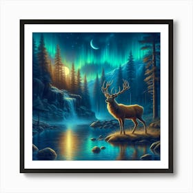 Deer In The Forest At Night Art Print