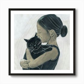 Little Girl Hugging Cat Art Print