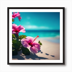 Pink Hibiscus Flowers on the Summer Beach Art Print